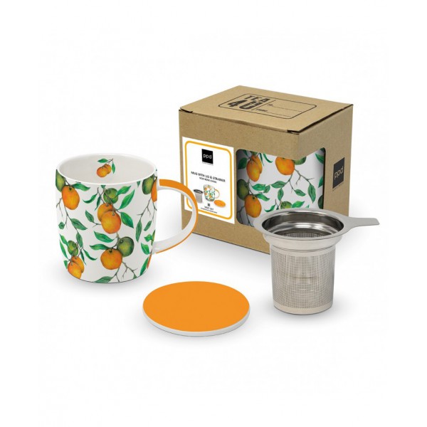 Beautiful oranges, Teacup With lid and tea strainer 350ml